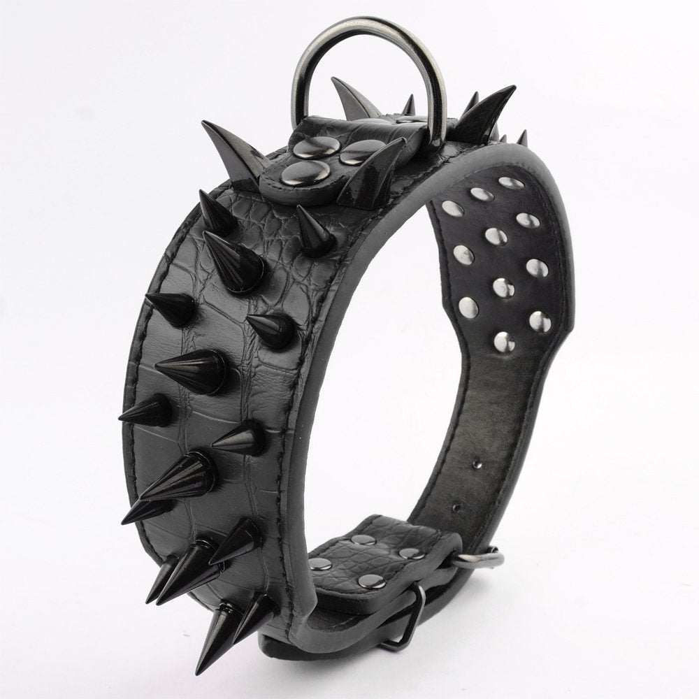 Berry Pet Sharp Spiked Studded Dog Collar - Stylish Leather Dog Collars - 2 Inch In Width Fit For Medium & Large Dogs - Such As Pitbull Mastiff - Black Rivets & Black Leather,21-24'