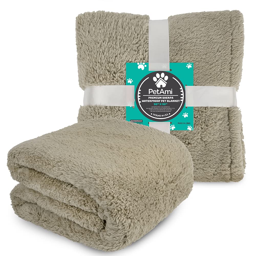 Petami Fluffy Waterproof Dog Blanket For Bed Large Dogs, Soft Warm Pet Sherpa Throw Pee Proof Couch Cover, Reversible Cat Blanket Sofa Crate Kennel Protector, Washable Mat Queen (Taupe Camel, 90X90)