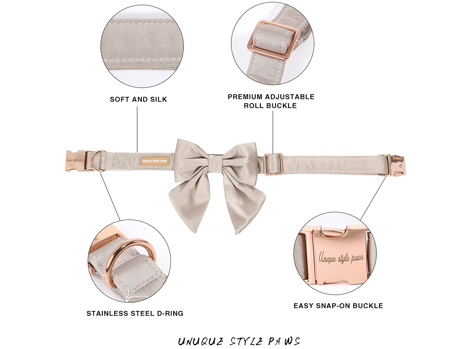 Unique Style Paws Silk Champagne Color Dog Collar Adjustable Durable Dog Collar With Bow Wedding Bow Tie Dog Collar For X-Large Dogs