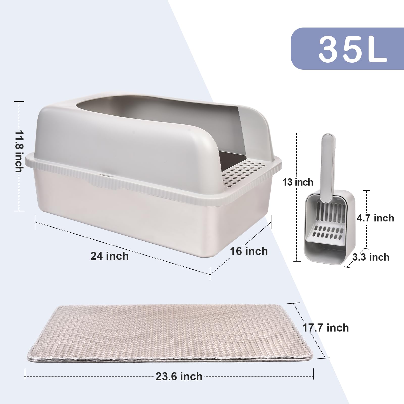 Henkelion Stainless Steel Cat Litter Box, Extra Large 24" x 16" x 11.8", Grey, High Sided with Lid, Anti-Leakage, Easy Clean,