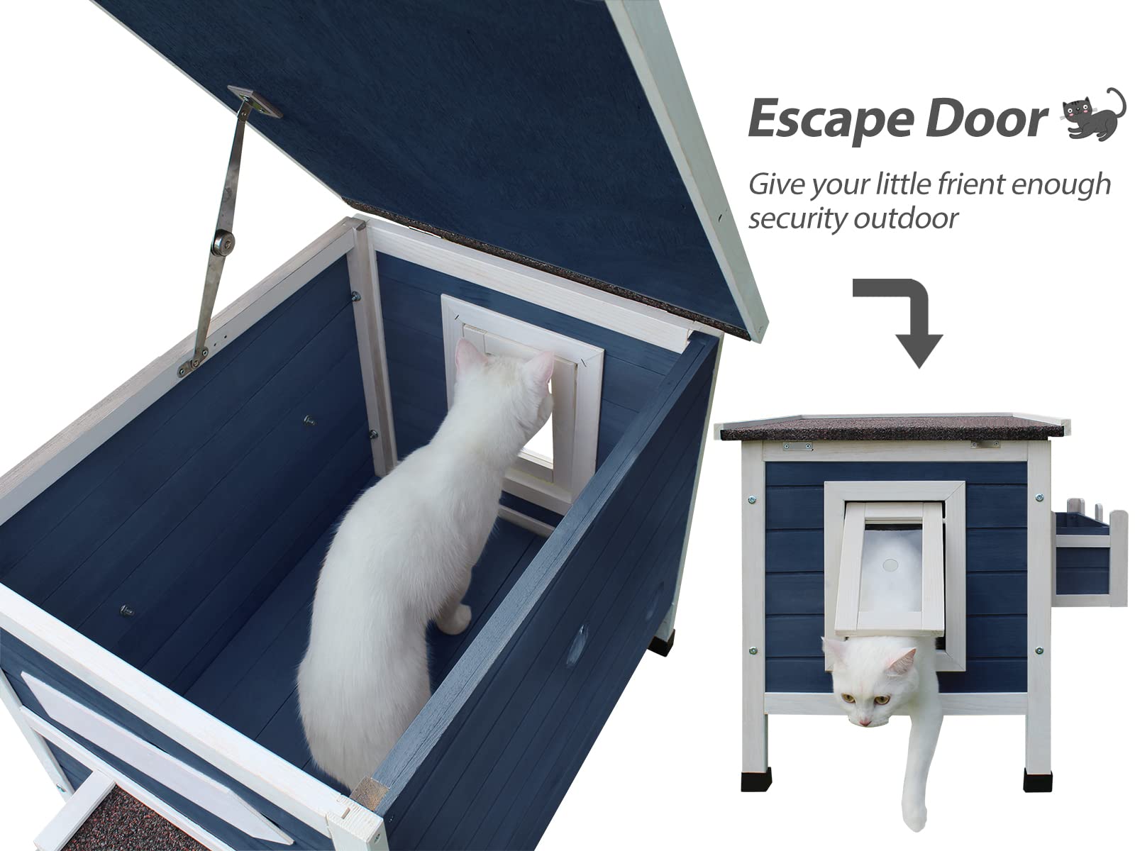 Outdoor Cat Shelter With Escape Door Rainproof Outside Kitty House (Signle Story Blue-For 2-3 Cats)