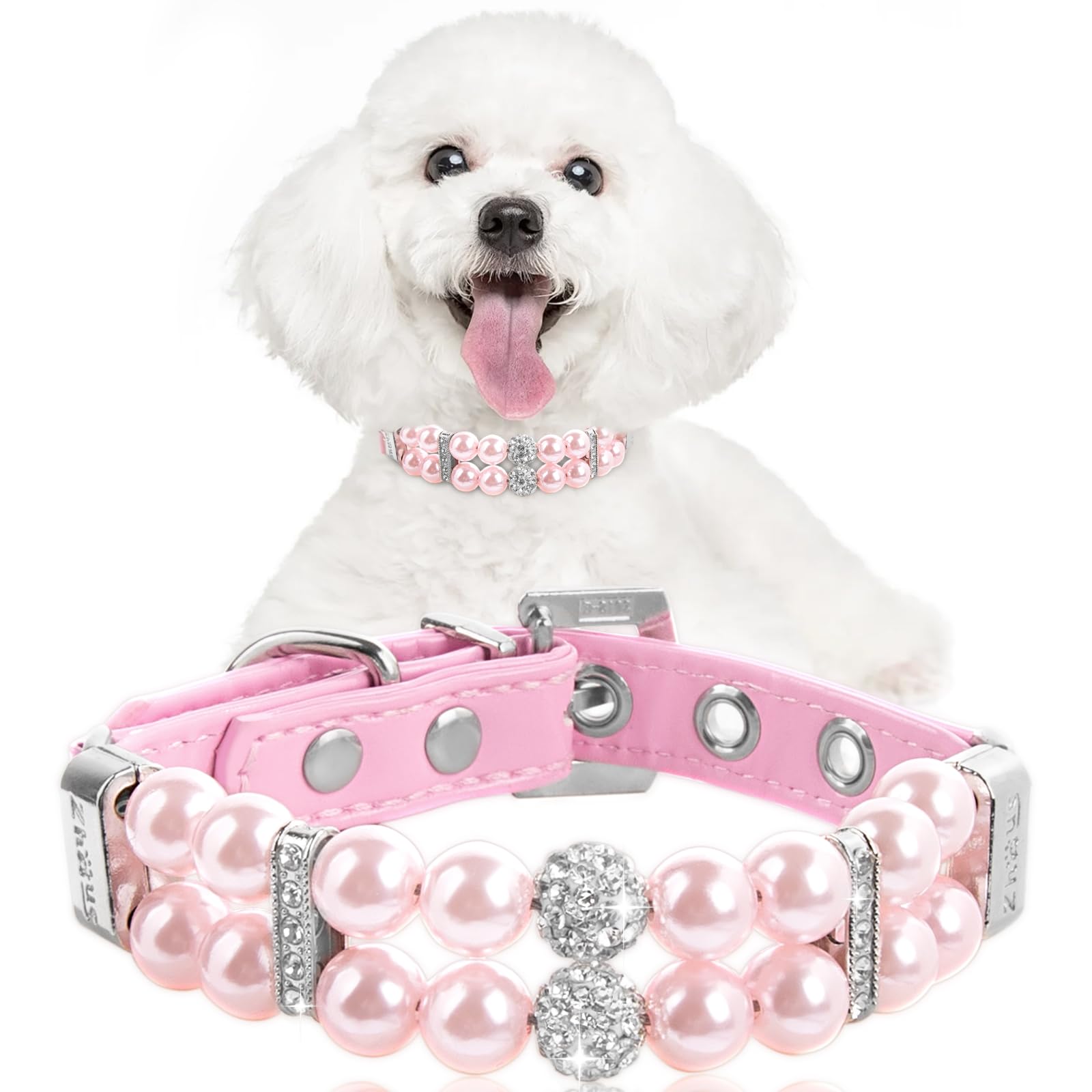 Howwfaly Dog Cat Pearl Collars With Crystal Rhinestone Pu Leather Collars Necklace Adjustable Collardog Chain Cat White Pearl Pe