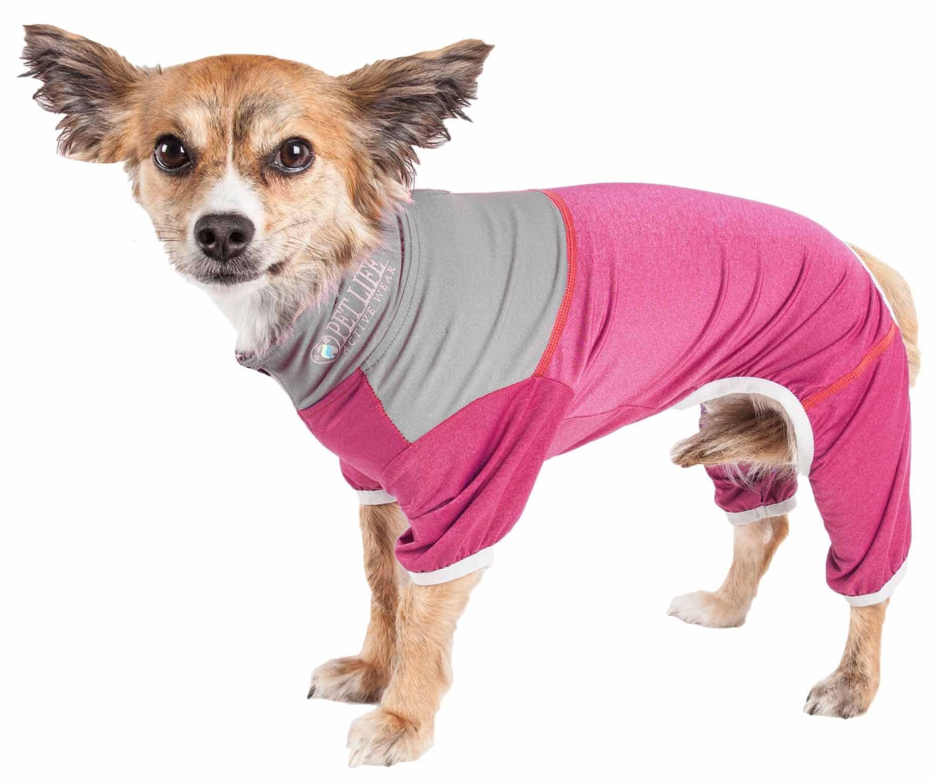 Pet Life  Active 'Embarker' Heathered Performance 4-Way Stretch Two-Toned Full Body Warm Up, Pink And Grey  - X-Large