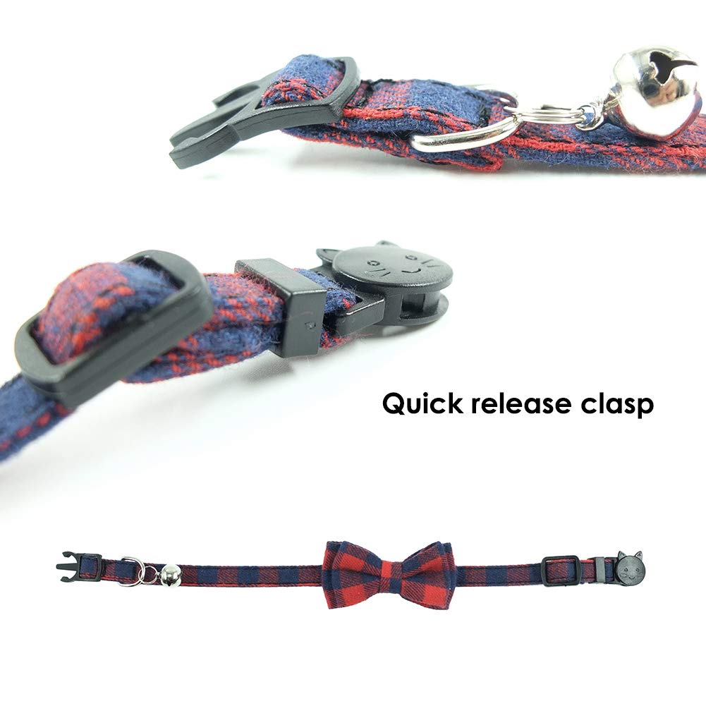 Cat Collar Breakaway With Bell And Bow Tie, Plaid Design Adjustable Safety Kitty Kitten Collars Set Of 2 Pcs(6.8-10.8In) (Red&Black Plaid)