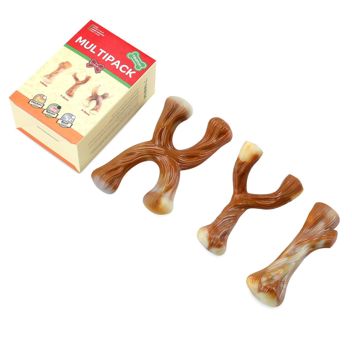 Tikaton Holiday 3-Pack Durable Dog Chew Toys For Aggressive Chewers, Bacon Flavor, Extra Large