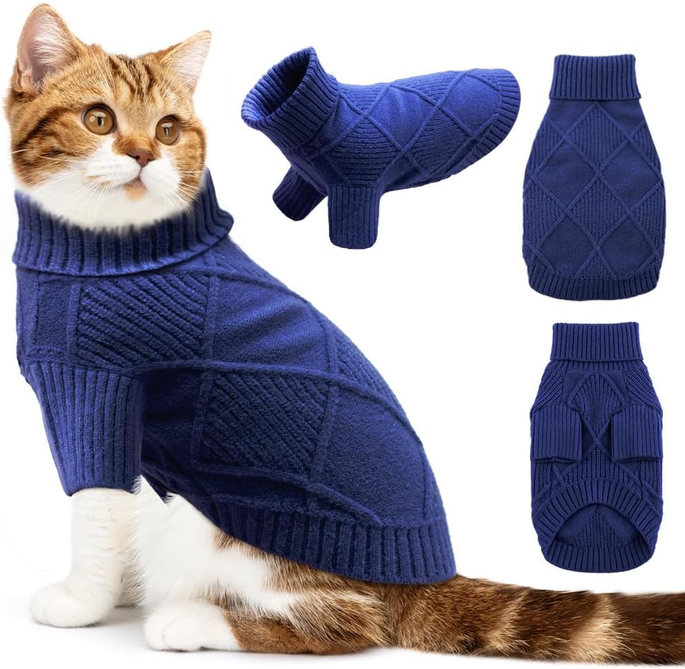 Emust Dog Sweater, Warm Cat Sweater With Turtleneck, Knit Dog Sweaters For Small Medium Large Dogs For Fall & Winter,Navy L