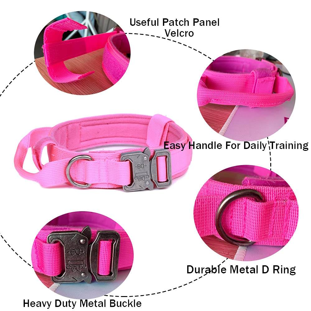 Tactical Dog Collar And Leash Set Tactical Dog Collar With Handle Bungee Leash Adjustable Military Training Nylon Collar Dog Training Collar Leash Set With Control Handleand Metal Buckle(Pink M