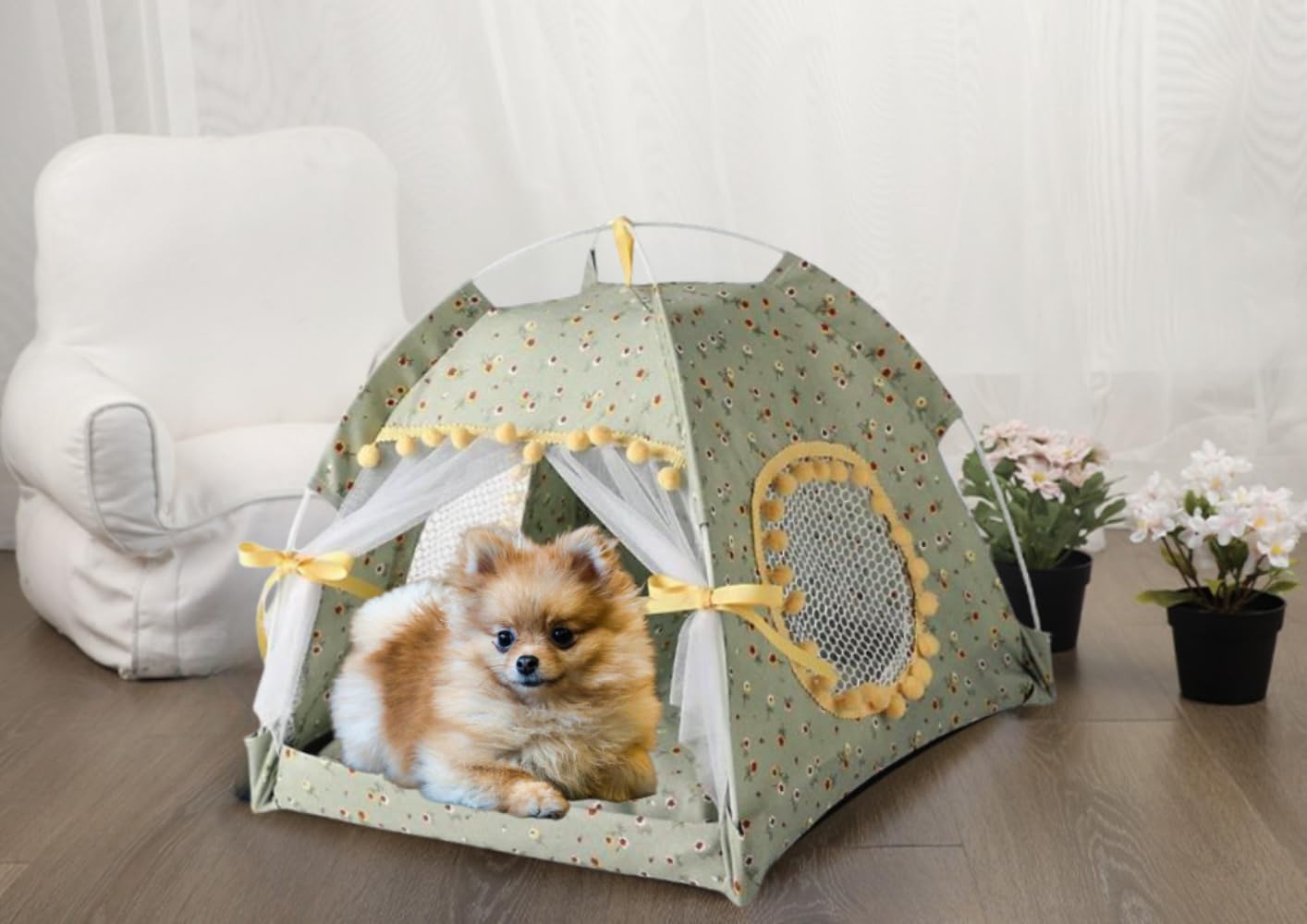 Cat Bed Tents Dog House Indoor Outdoor Lace Mesh Breathable Windows Door Curtains Removable Portable Nest Teepe House (Medium,Gr