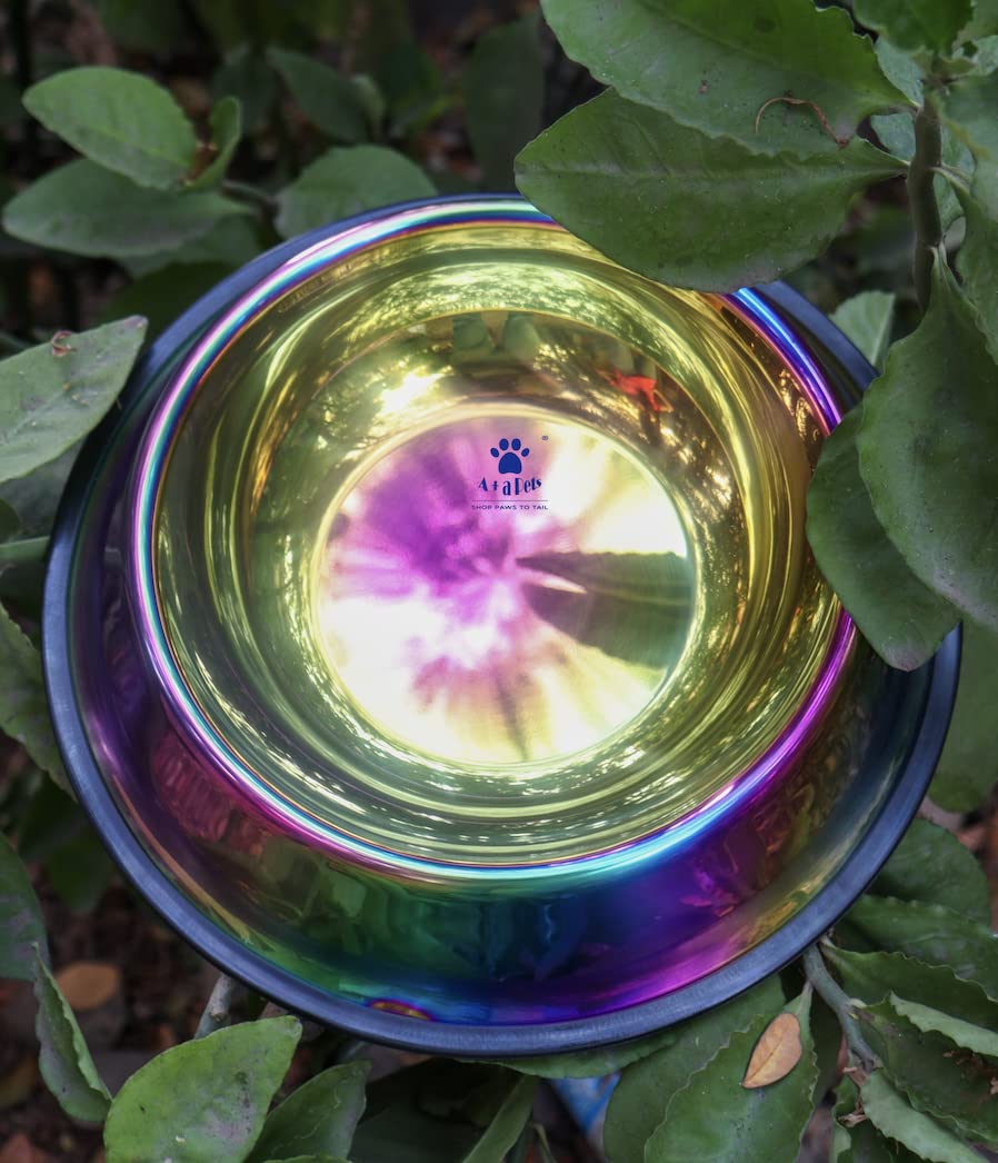A+A Pets Premium Stainless Steel Rainbow Colour Food And Water Feeding Bowl For Dogs & Cats, Non Slip (Rainbow, Large, 900Ml)