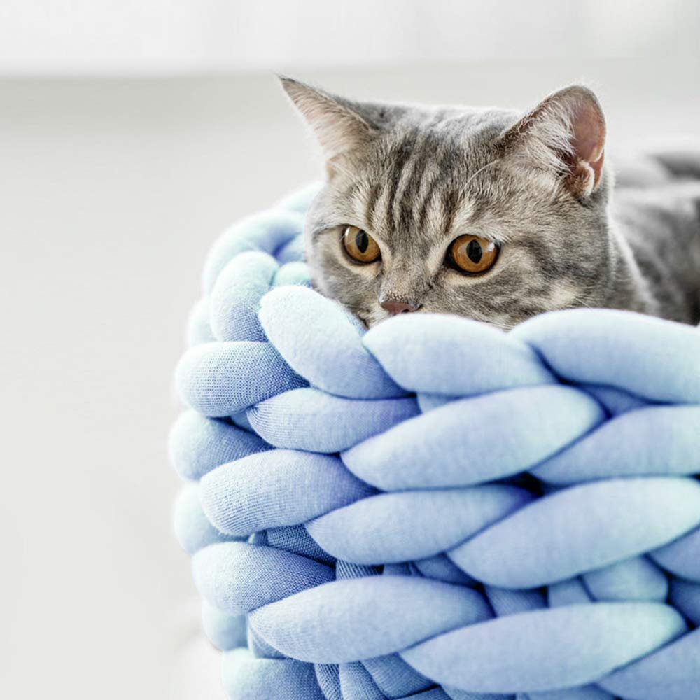 Lucky Monet Cat Basket Bed Cotton Knitted Round Pet Beds For Cats Cute Boho Cat Pet Bed Warm Woven Cat Nest For Puppy Kitten Cats Dogs (19.7', Blue)