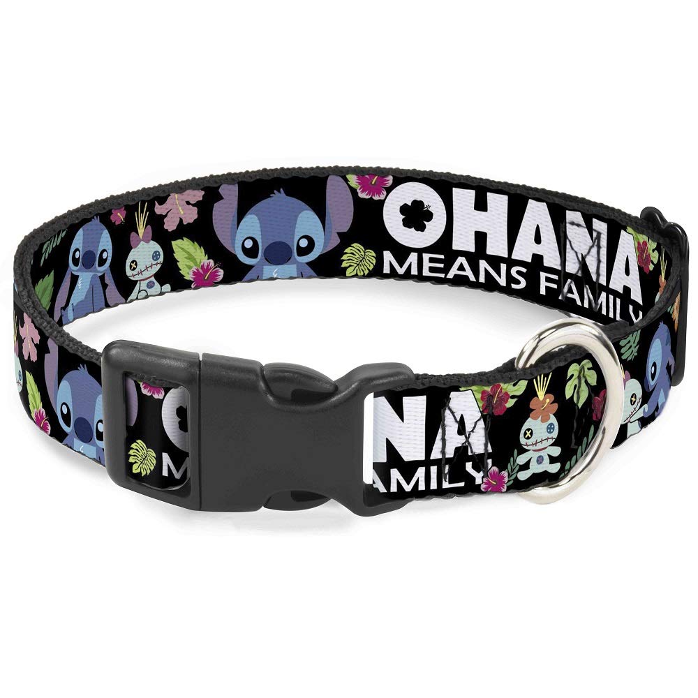 Buckle-Down Plastic Clip Collar - Ohana Means Family/Stitch & Scrump Poses/Tropical Flora Black/White/Multi Color - 1' Wide - Fits 15-26' Neck - Large