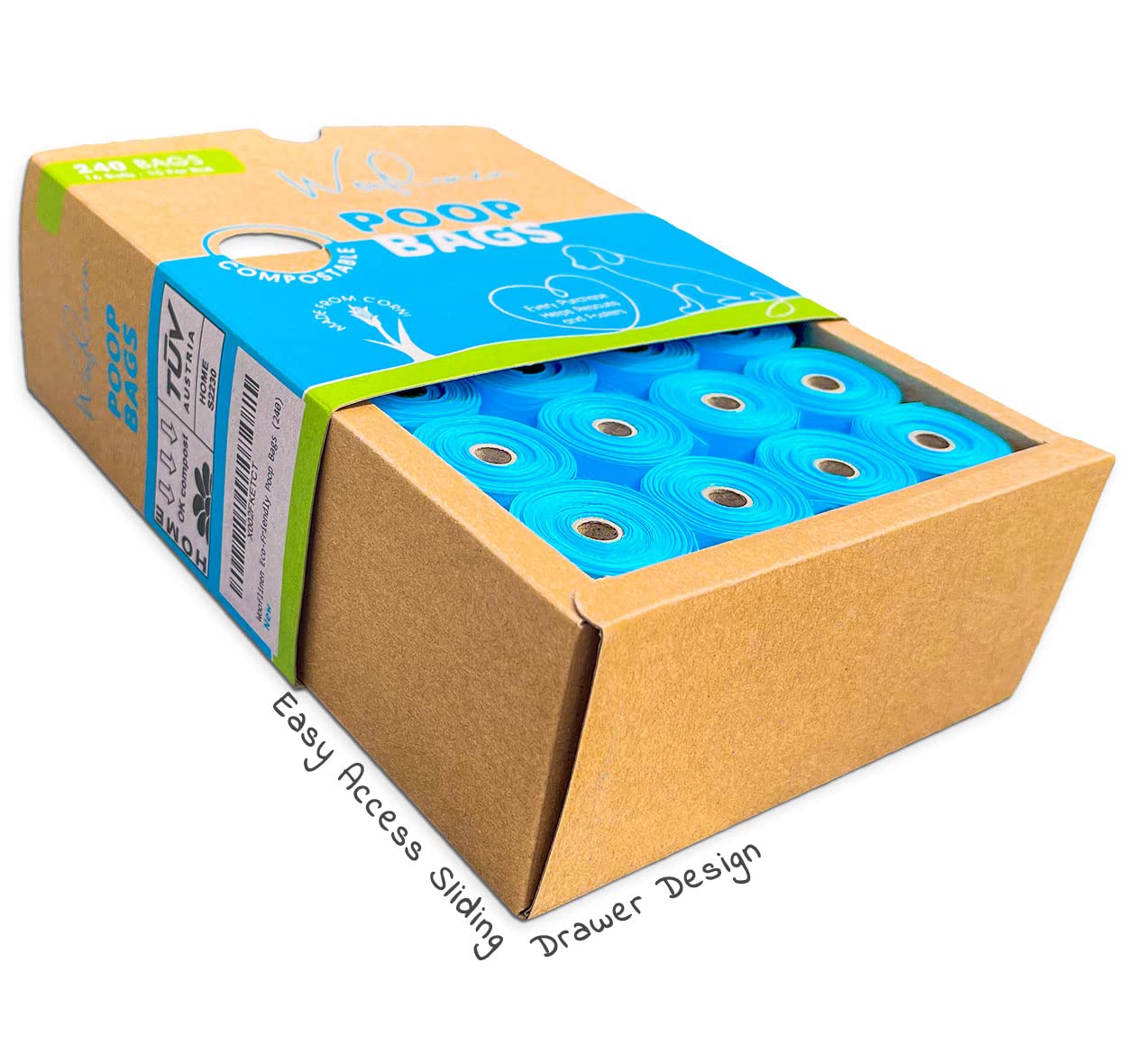 Wooflinen Dog Poop Bags - Certified Compostable, 240 Count, Unscented, Durable Cornstarch, Woof Blue