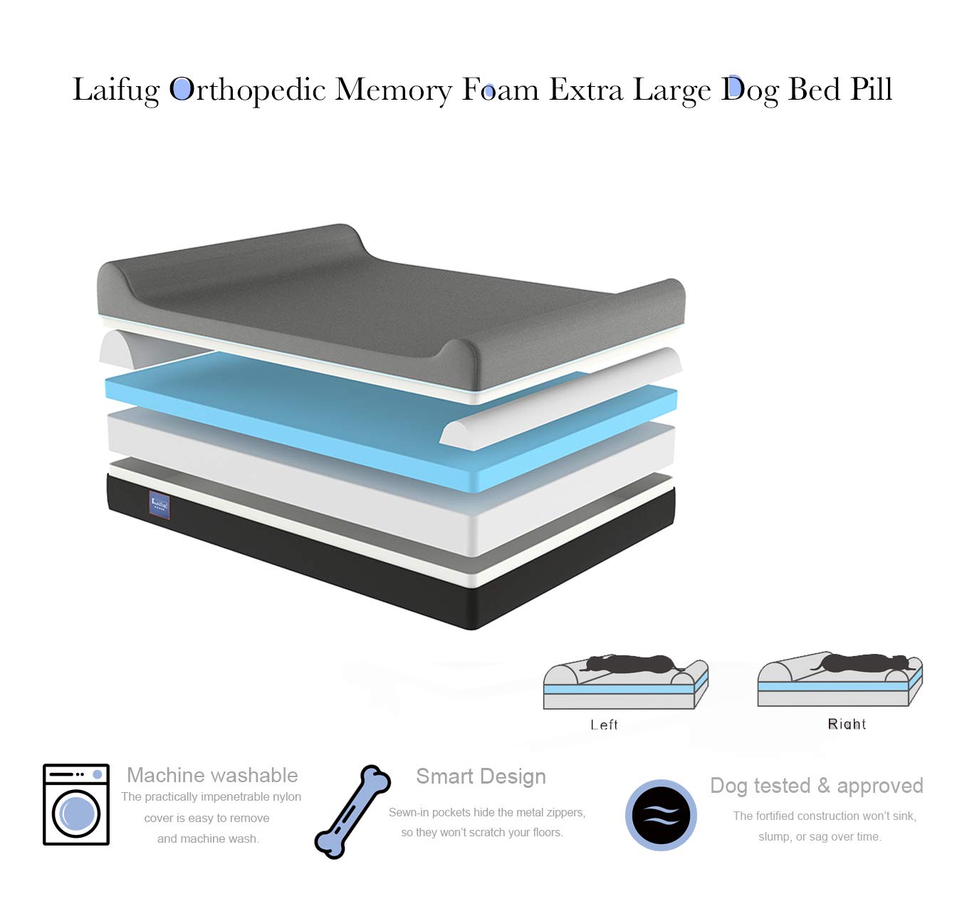 Laifug Orthopedic Memory Foam Extra Large Dog Bed Pillow(50'X36'X10', Chocolate) Durable Water Proof Liner & Removable Washable Cover & Smart Design