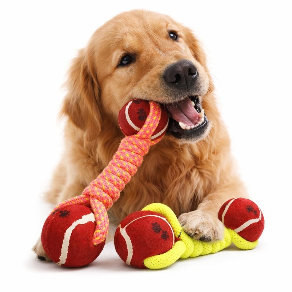 Kittupet Knotted Dumbbell Cotton Chew Dog Toys (Pack Of 2) | Durable CottonPoly Rope Ball Toys For Puppies | Dental Cleaning, T