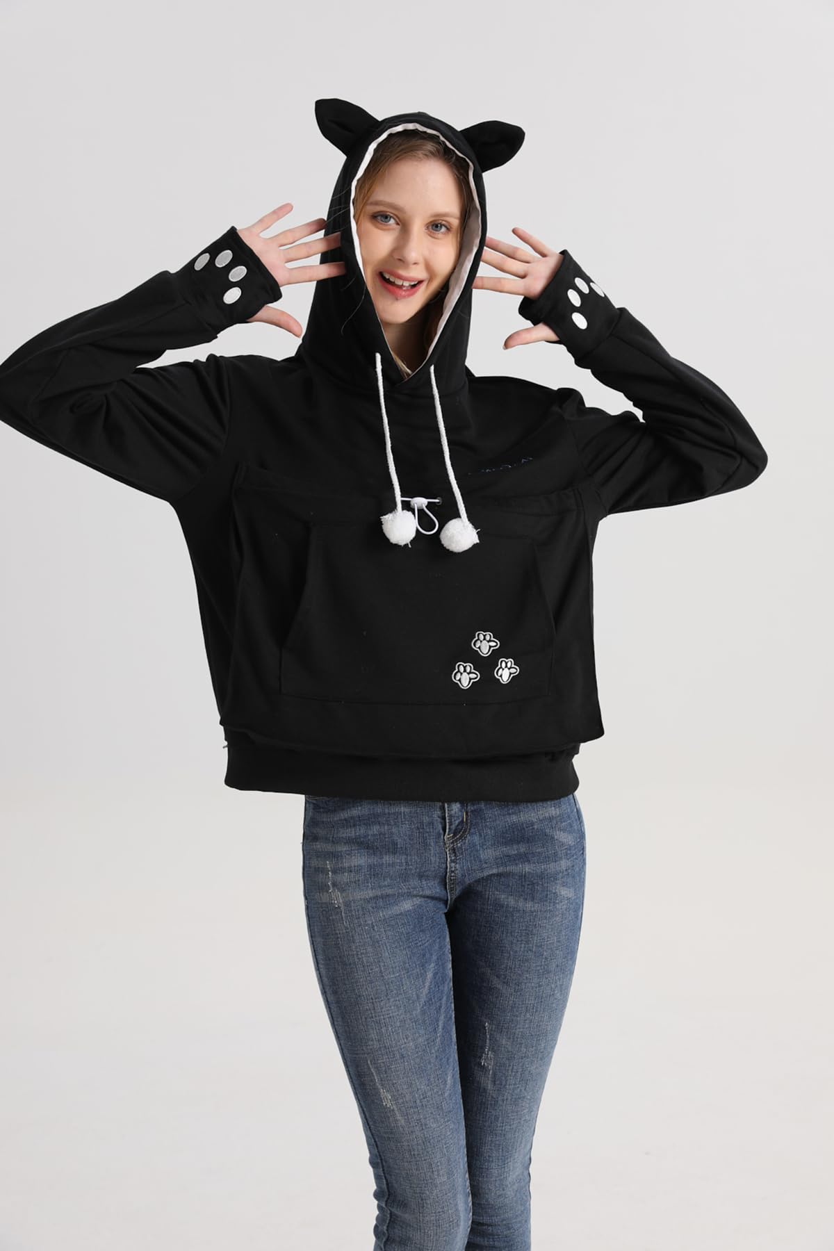 Linyuchen Cat Dog Pouch Hoodie Large Pet Pouch Sweatshirt Puppy Kitten Holder Carrier Pullover Top For Women Black