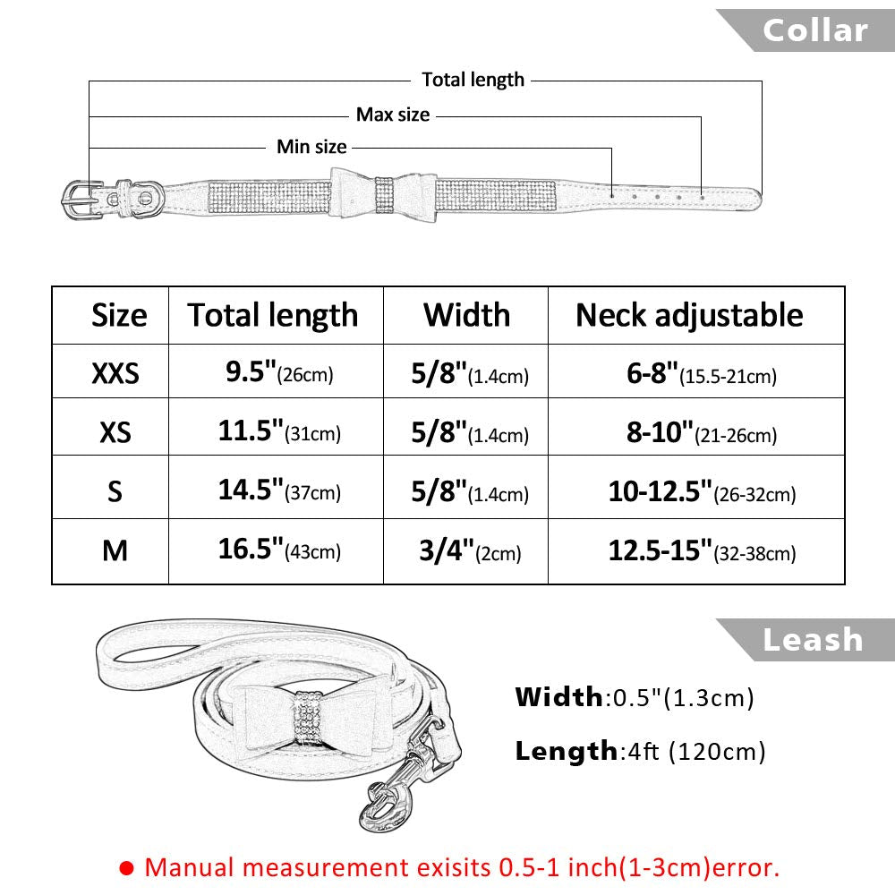 Beirui Rhinestone Bling Leather Dog Collar And Leash Set - Soft Flocking Sparkly Crystal Diamonds Studded - Cute Double Bowknot Collar With 4 Foot Leash For Pet Show,Pink,Neck Fit 10-12.5'