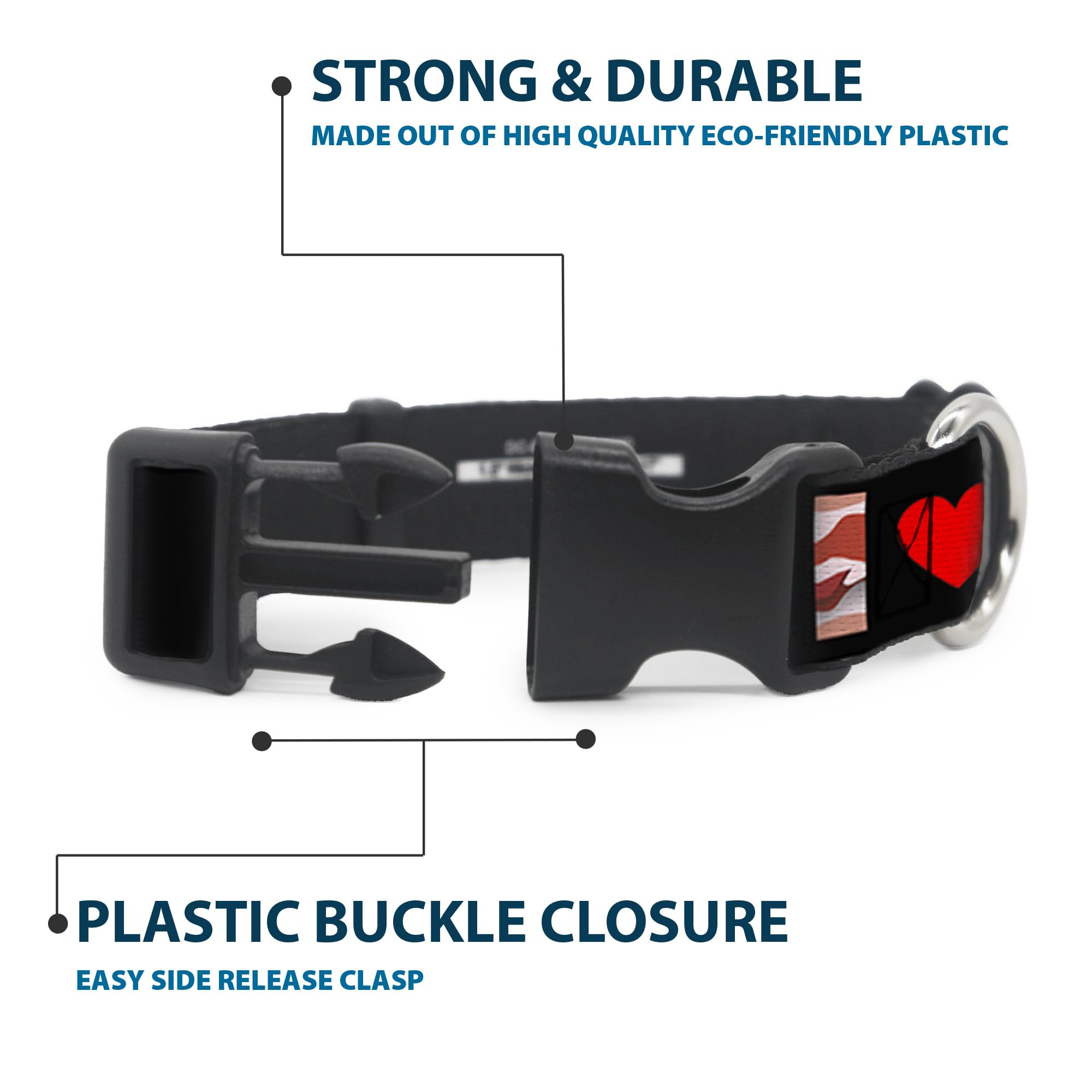 Buckle-Down 13-18 I Heart Bacon Black Plastic Clip Collar, Wide Small