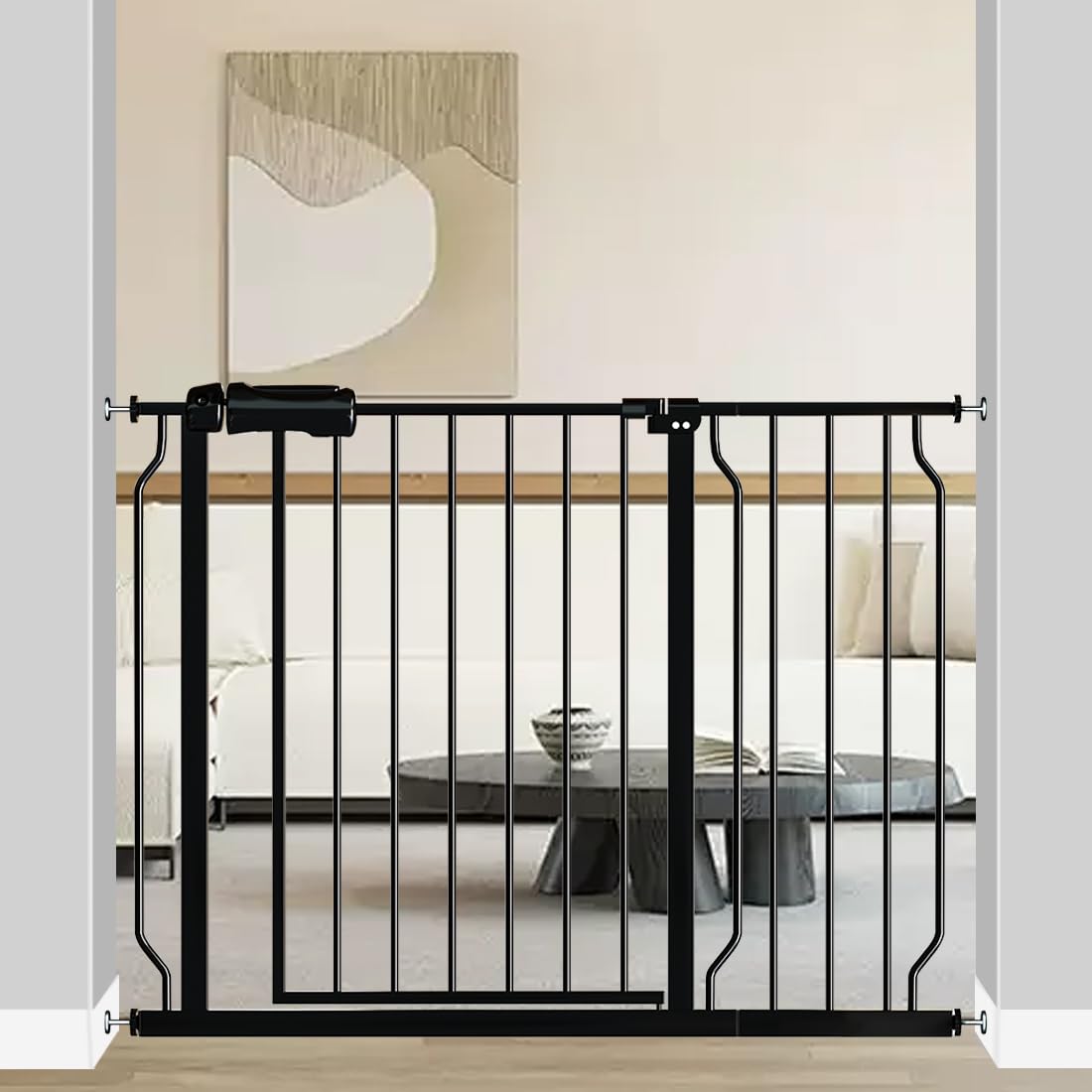 Fairy Baby Walk Through Baby Gate 38.5-43.5 Inch Wide for Stairs, Pressure Mounted Safety Gate with Door No Drill, Black Tension