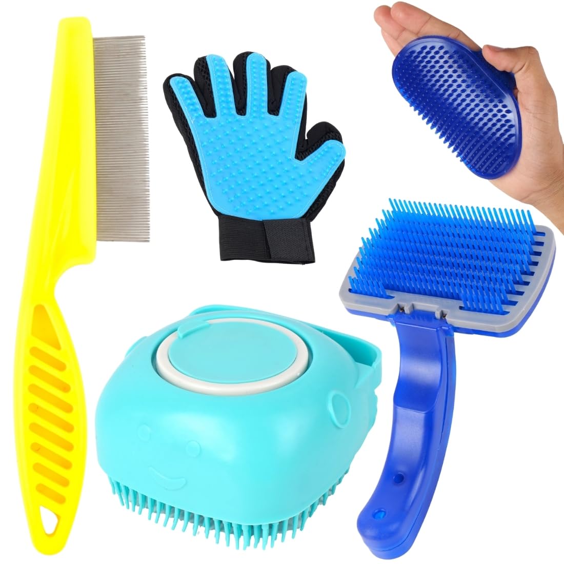 Pet Grooming Kit With SelfCleaning Slicker Brush, Deshedding Glove, Metal Comb, Silicone Massager, Blue, Yellow, 5Piece Set Fo