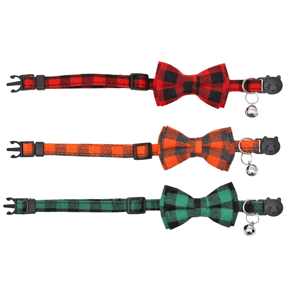 Christmas Cat Collar Halloween Thanksgiving Day Fall Breakaway With Cute Bow Tie And Bell For Kitty Adjustable Safety Plaid