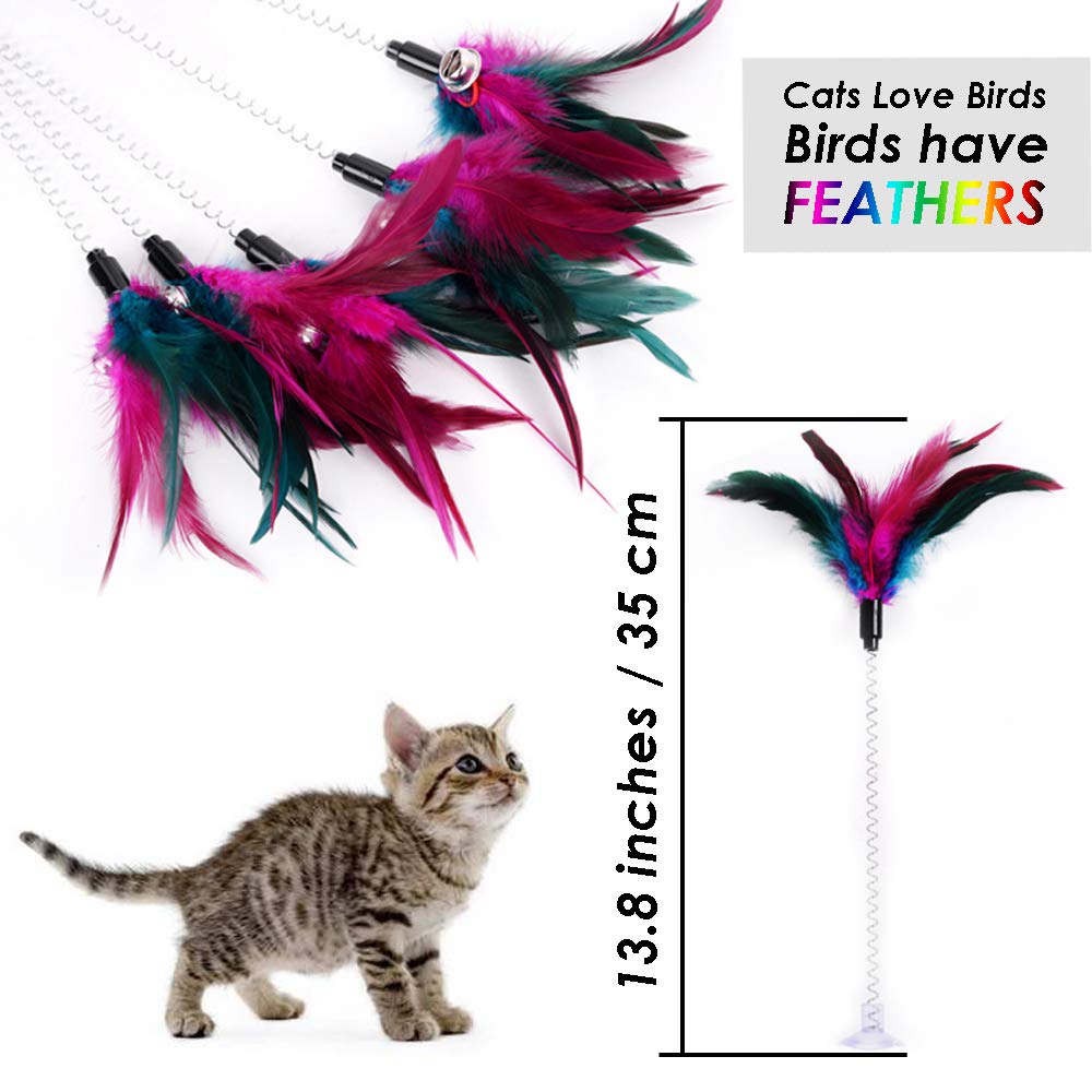 MAIYU Cat Teaser Wand (5 Pack), Metal Wire Spring Cat Toy with Feather and Bell Sucker Cat Teaser Rod Interactive Cat Tease Toys