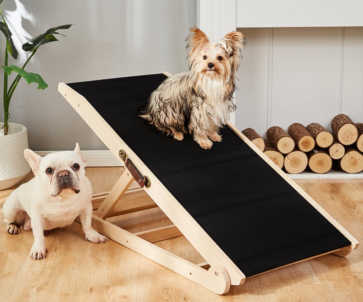 Woohoo Dog Ramp For Bed- 18'' Extra Wide - Non-Slip Rubber Surface - Folding Wooden Pet Ramp For Bed And Couch - Dog Ramp For La