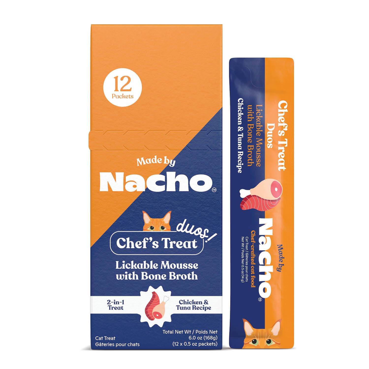 Made by Nacho Lickable Cat Treats Mousse Tubes 12 Count with Bone Broth Chicken and Tuna Recipe (.5 oz) No Grains, Corn, Wheat o