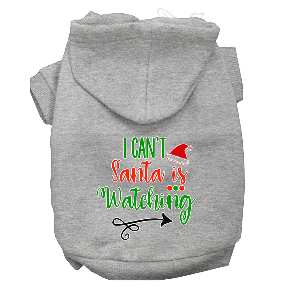 Christmas Pet Dog & Cat Hoodie Screen Printed, "I Can't, Santa Is Watching" Gray XL (14-20 lbs.)