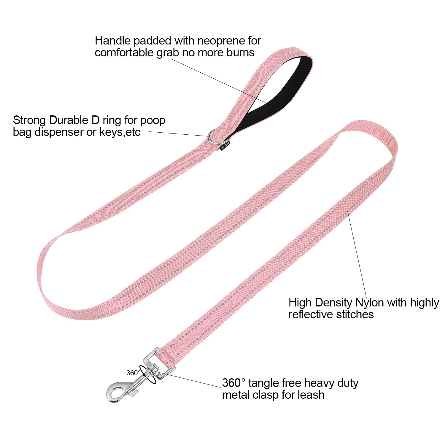 Usunyvora Reflective Nylon Dog Leash For Walking,Strong Dog Leash With Padded Handle For Medium And Large Dogs,4 Ft,Pink