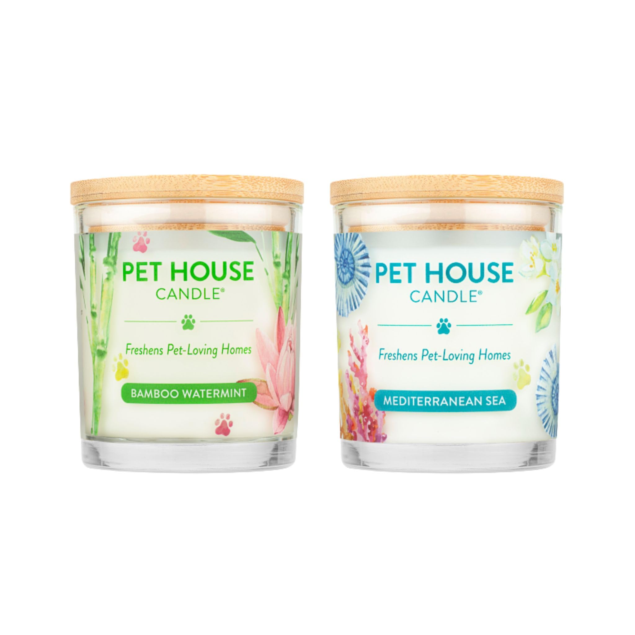 Pet House Candles, Clean Burning, Long Lasting Scented Pet Odor Candles for Home - Bamboo Watermint, Med Sea, 2 Pack