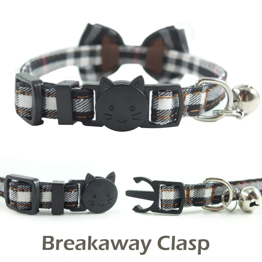 Cat Collar Breakaway With Bell And Bow Tie, Plaid Design Adjustable Safety Kitty Kitten Collars(6.8-10.8In) (Black Plaid 2)