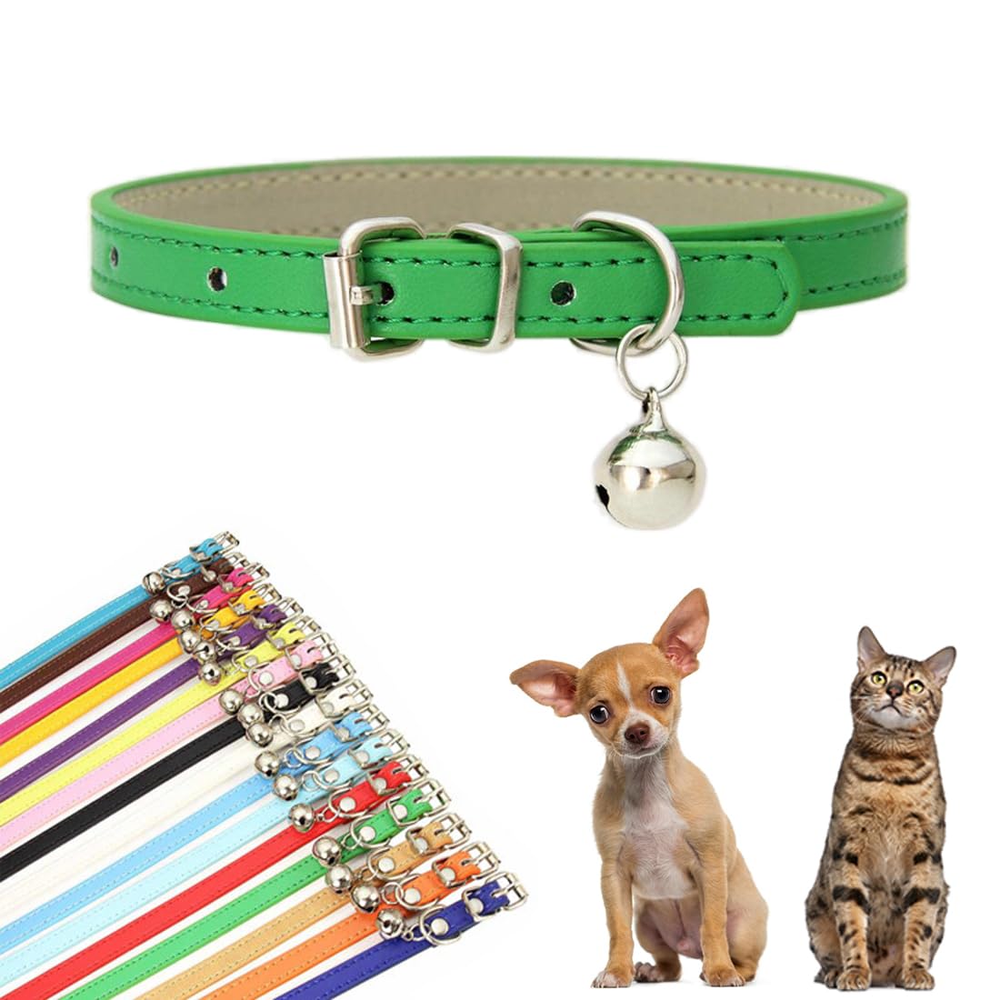 Green Dog Collar with Bell, Faux Leather Dog Collar with Bells Pu Basic Boy Dog Collars for XXS XSmall Small Medium Pet Male Dog