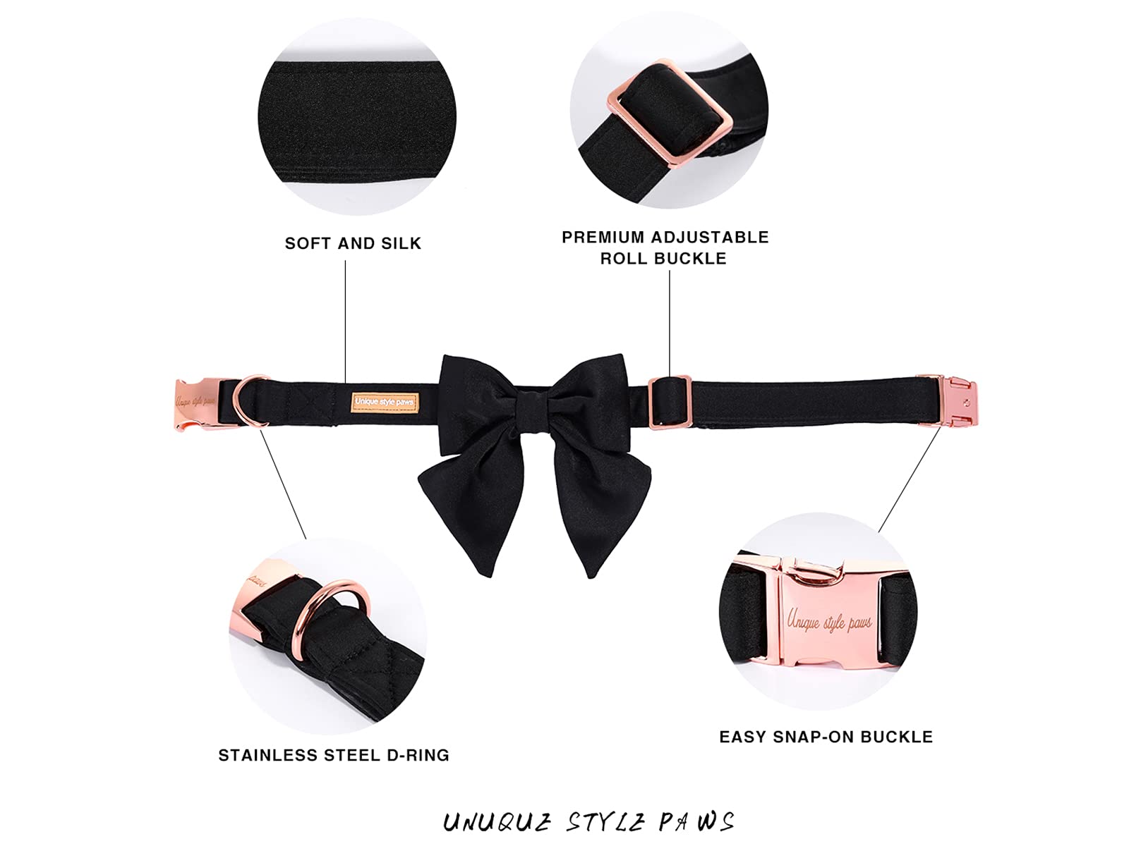 Unique Style Paws Silk Black Color Dog Collar Adjustable Durable Dog Collar With Bow Wedding Bow Tie Dog Collar For X-Large Dogs