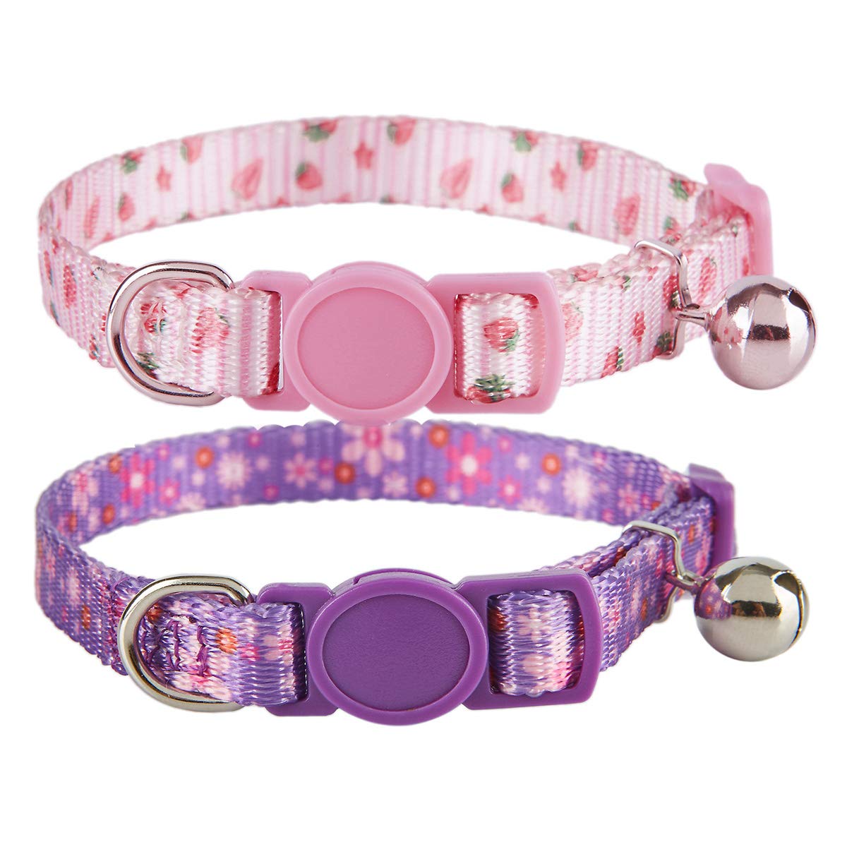 Yudote Breakaway Cat Collar With Bell, 2 Pack Of Adjustable Floral Cat Collars Cute Safety Purple Pink Kitty Strawberry Collar