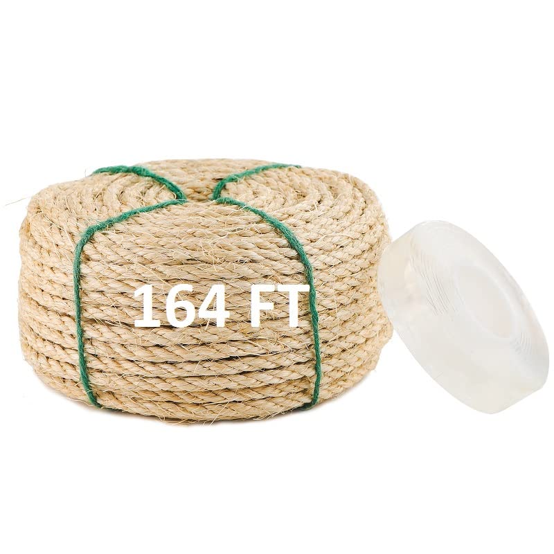Meexpaws Natural Strong Sisal Rope Replacement For Cat Scratching Posts | Adhesive Tapes For Winding Easy & Tight | 1/4 “ Diameter | Brown | 164Ft