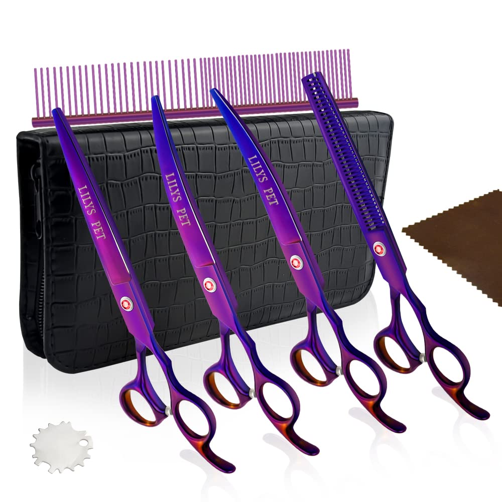 Lilys Pet Professional Pet Dog Grooming Coated Titanium Scissors Suit Cutting&Curved&Thinning Shears (7.5 Inches, Purple)…
