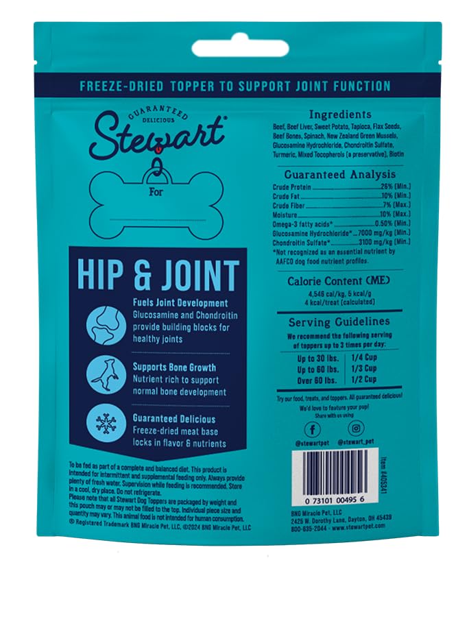 Stewart Freeze Dried Dog Food Topper, Hip and Joint, Beef and Sweet Potato Recipe, 8 Ounce Pouch, Glucosamine for Healthy Joints