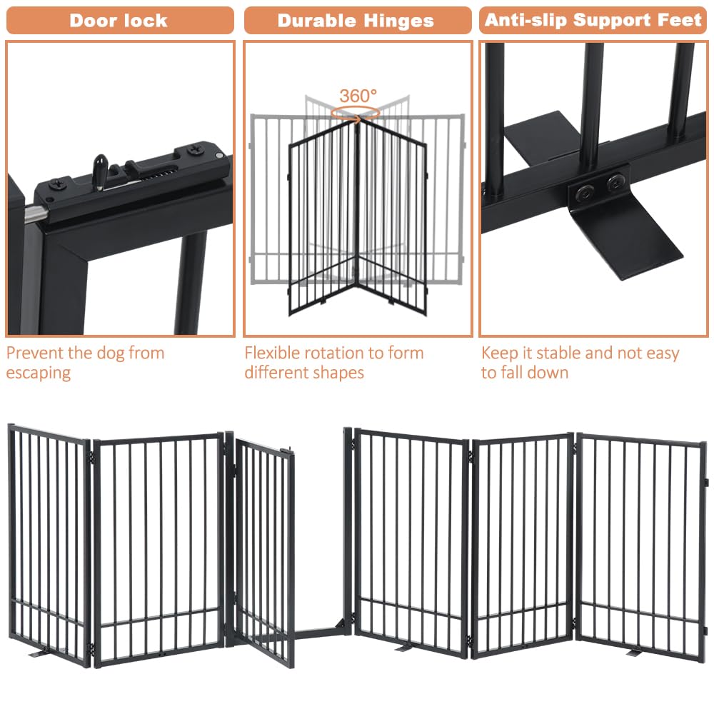 SMONTER Free Standing Dog Gate - 120'' Extra Wide Metal Puppy Fence, 31.5'' Height, 6 Panels, Black, Model GWL006
