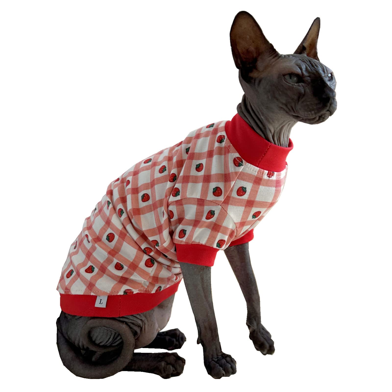 Sphynx Hairless Cat Cute Summer Cotton T-Shirts Pet Clothes,Round Collar Kitten Shirts Cats Apparel (Checkered Strawberry, Small