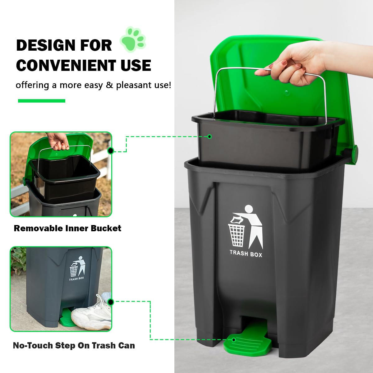 MXF Pooper Scooper Set - 28'' Dog Pooper Scooper & Long Handle Stainless Metal Tray&Rake, 15 Litre Step Dog Poop Trash Can w/Rem