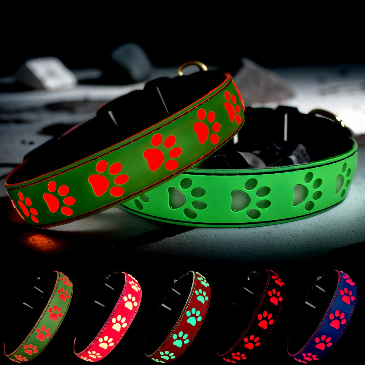 Dogled Led Light Up Dog Collar, Usb-C Rechargeable, Multicolor Paw Print Design, 15 Modes Lighting Night Safety (Green, M(11.8-1