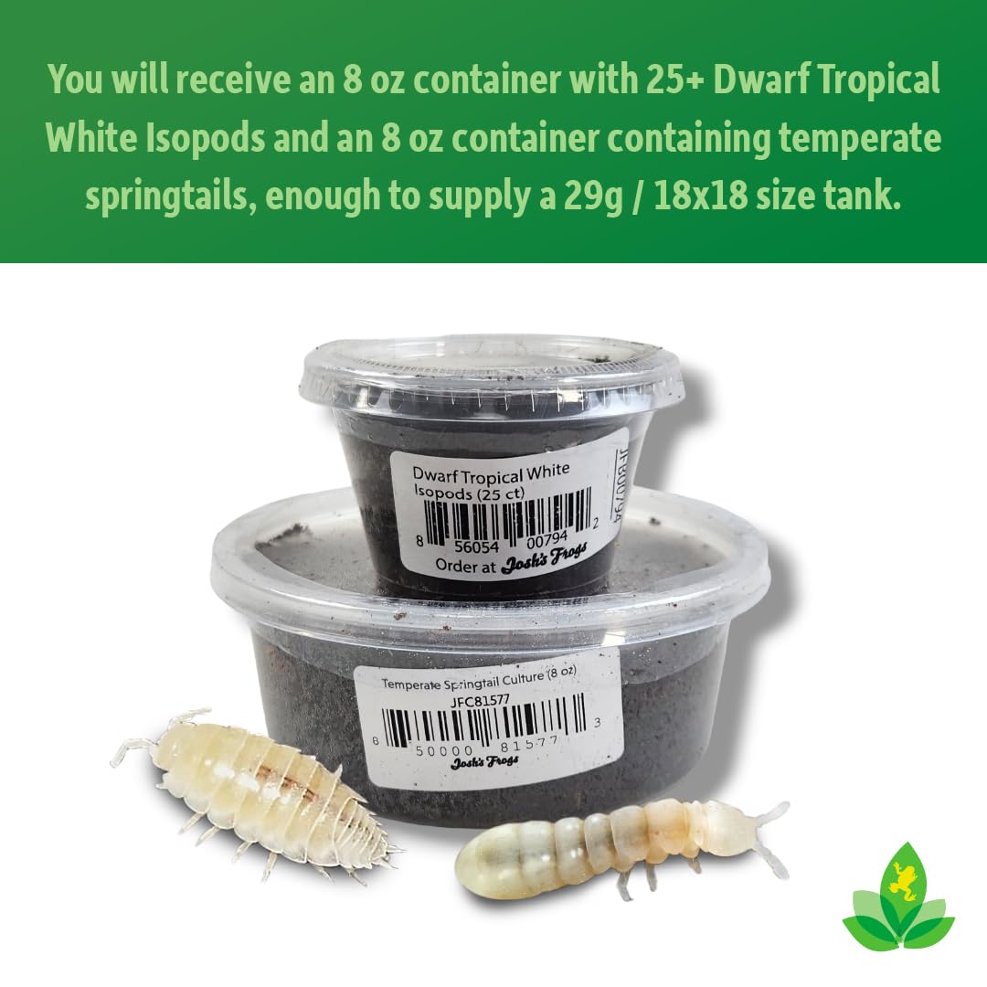 Joshs Frogs Dwarf Tropical White Isopods (25 ct) and Temperate Springtails (8oz) Bioactive Clean Up Crew Bugs Bundle