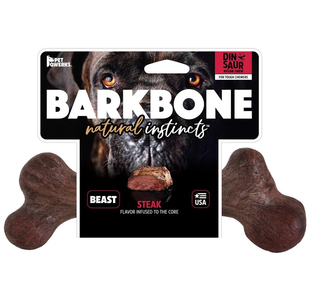 Pet Qwerks Dinosaur BarkBone - Nylon Dog Bone for Aggressive Chewers - Steak Flavor - 6.5