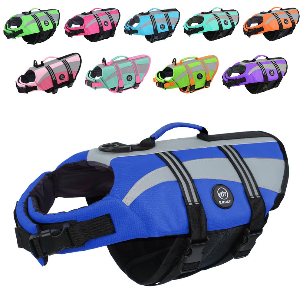 Emust Adjustable Dog Life Jacktets, High Visibility Life Vests For Dogs, Medium Dog Water Vest For Boating/Swimming/Pool With Do