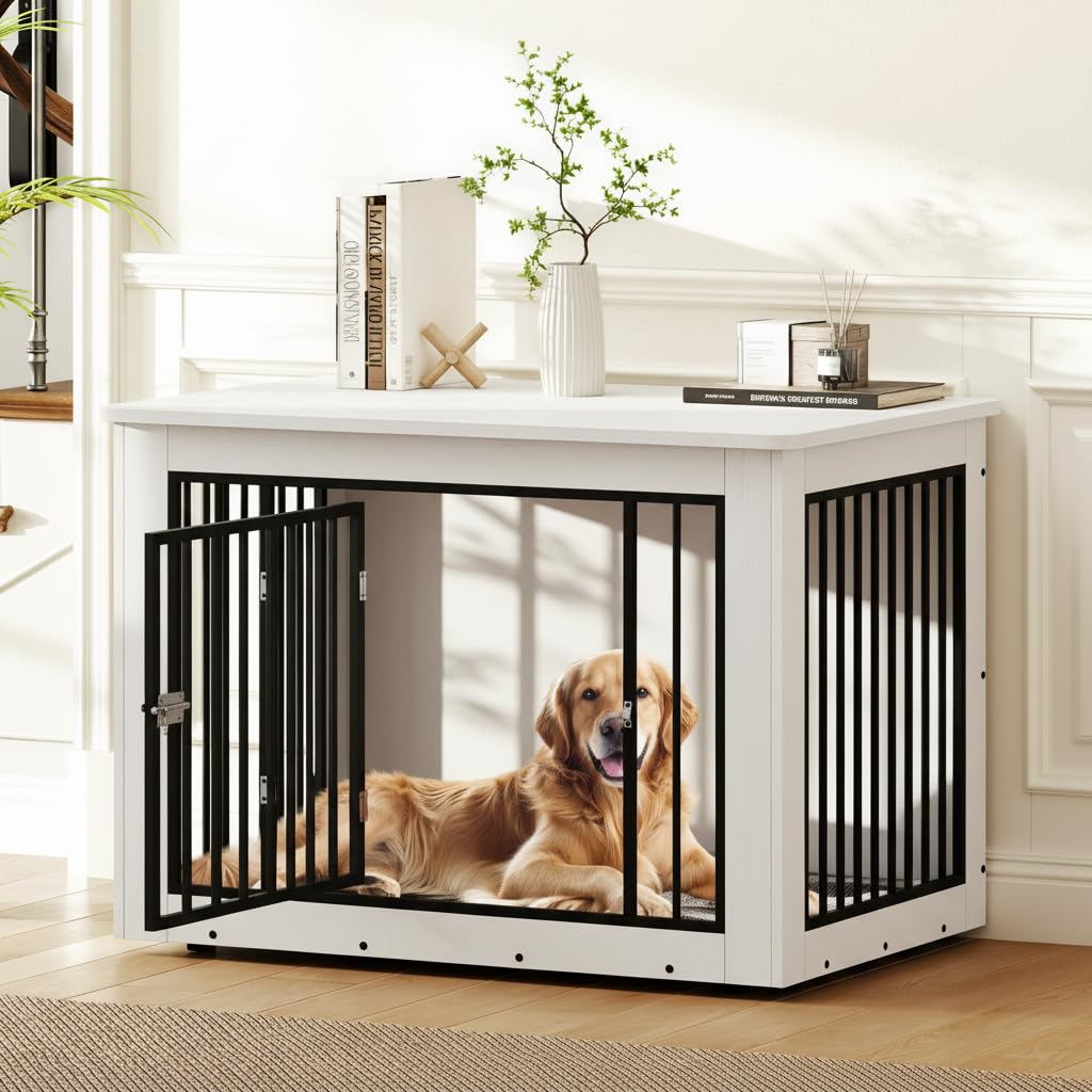 DWVO Dog Crate Furniture, 38 Inch Dog Kennel Indoor Furniture End Table for Dogs, Farmhouse Decorative Wooden Cage, Chew-Resista