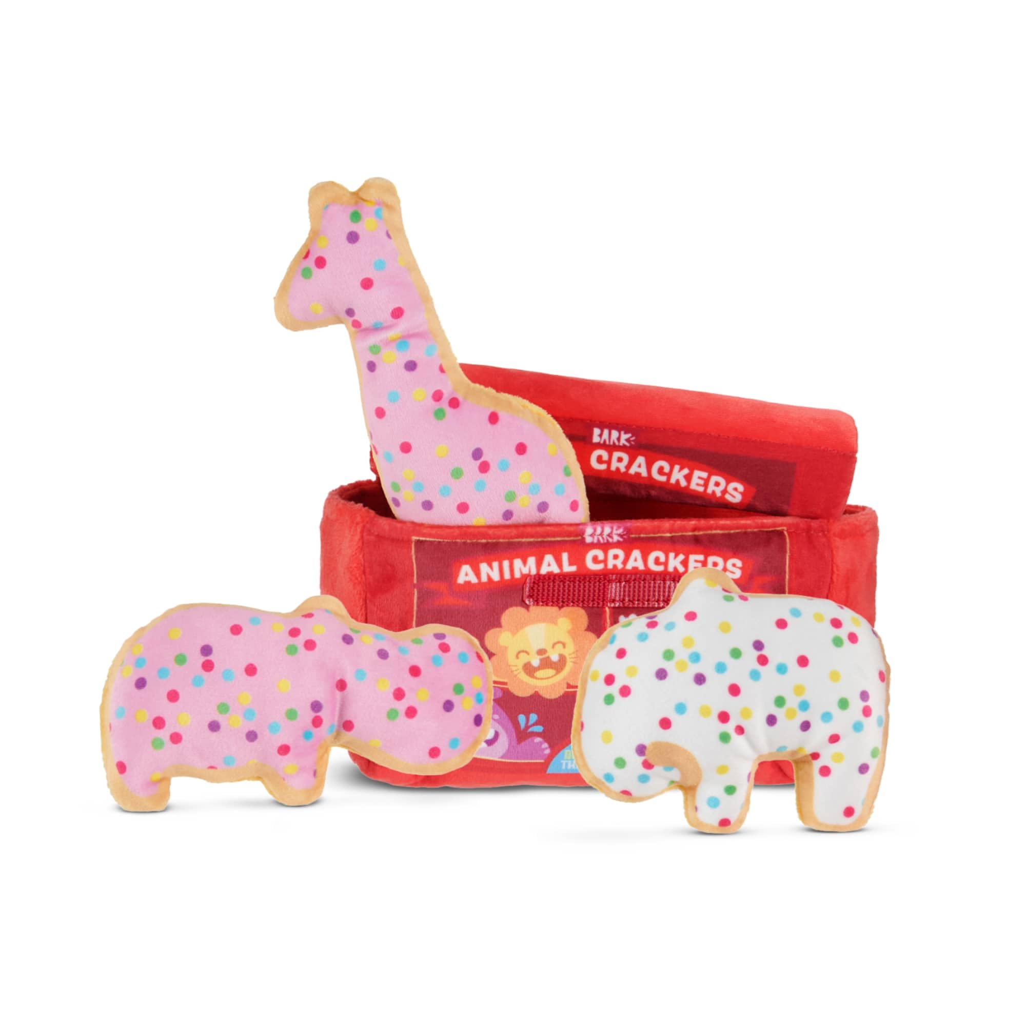 Barkbox Animal Squeakers Multi-Part Dog Toy - 4-in-1 Plush Toy Set with Treat-Hiding Crinkle Box & Three Squeaky Cookies - Fun P