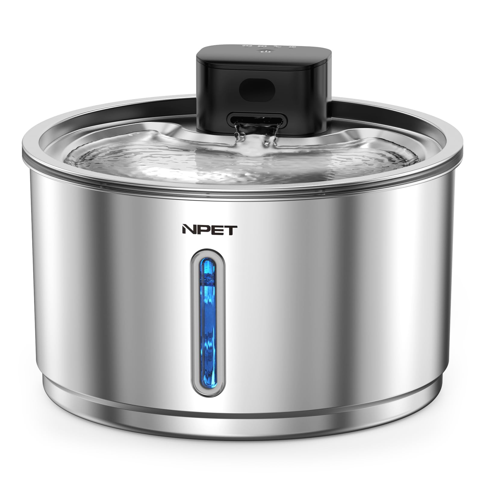 NPET Wireless Cat Water Fountain Stainless Steel, 1Gallon/135oz Battery Operated Automatic Pet Drinking Fountain - Cordless Dog 