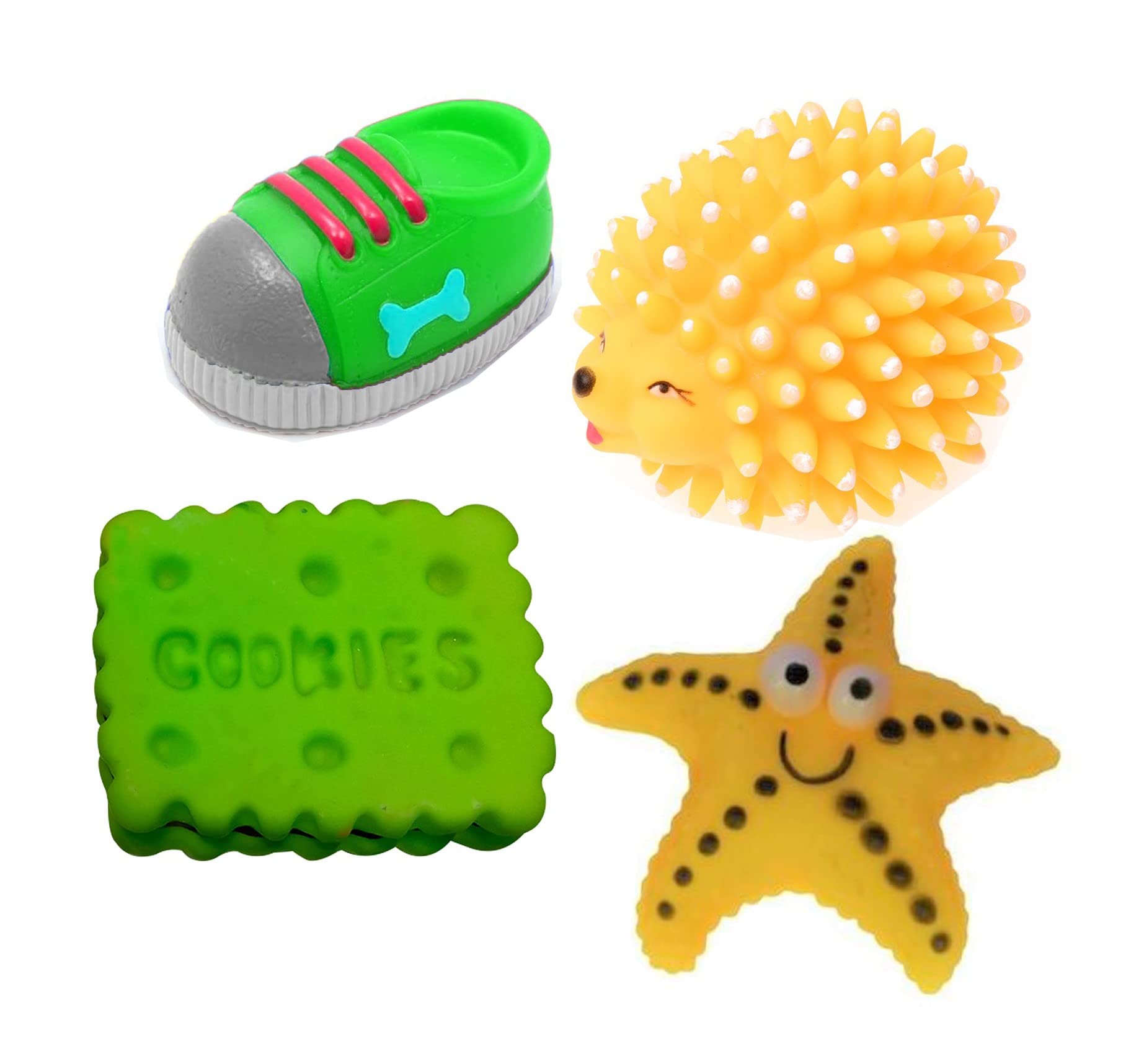 W9 Pet Products Combo Of 4 Soft Latex Rubber Interactive Squeaky Toys For Small Puppy Shoes, Cookie, Cute Hedgehog, Star Fish