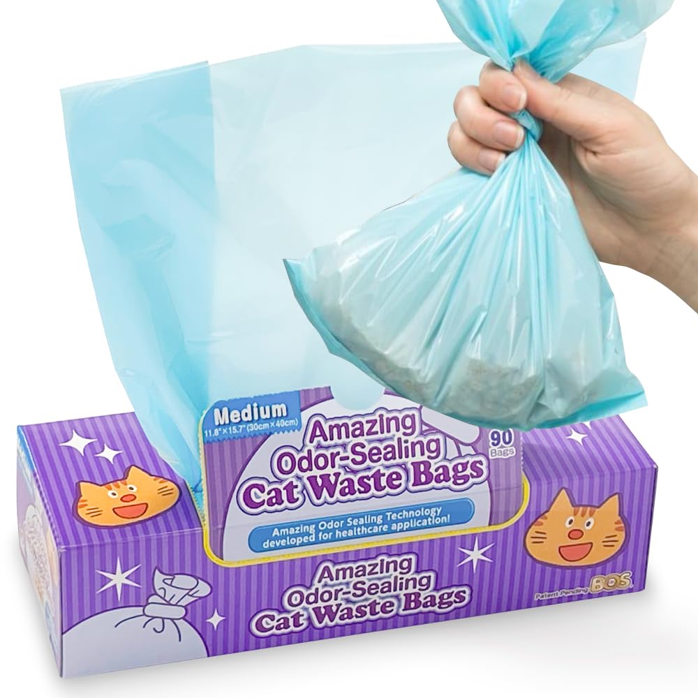 BOS Cat Waste Disposal Bags - Durable, Unscented, Light Blue, 90 Count (Pack of 1), Model BOS-A008A-US