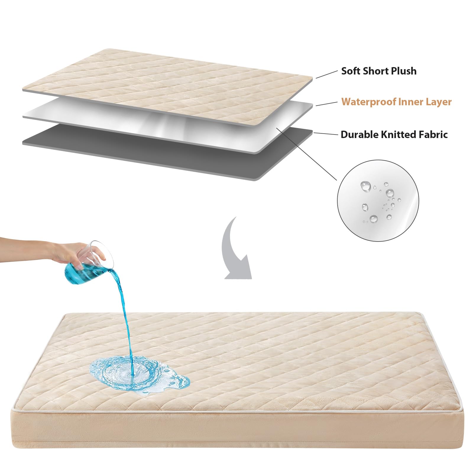 WNPETHOME Orthopedic XL Dog Bed, Waterproof Memory Foam, 41"x27"x4", Beige, Model WNHFGDMS4127